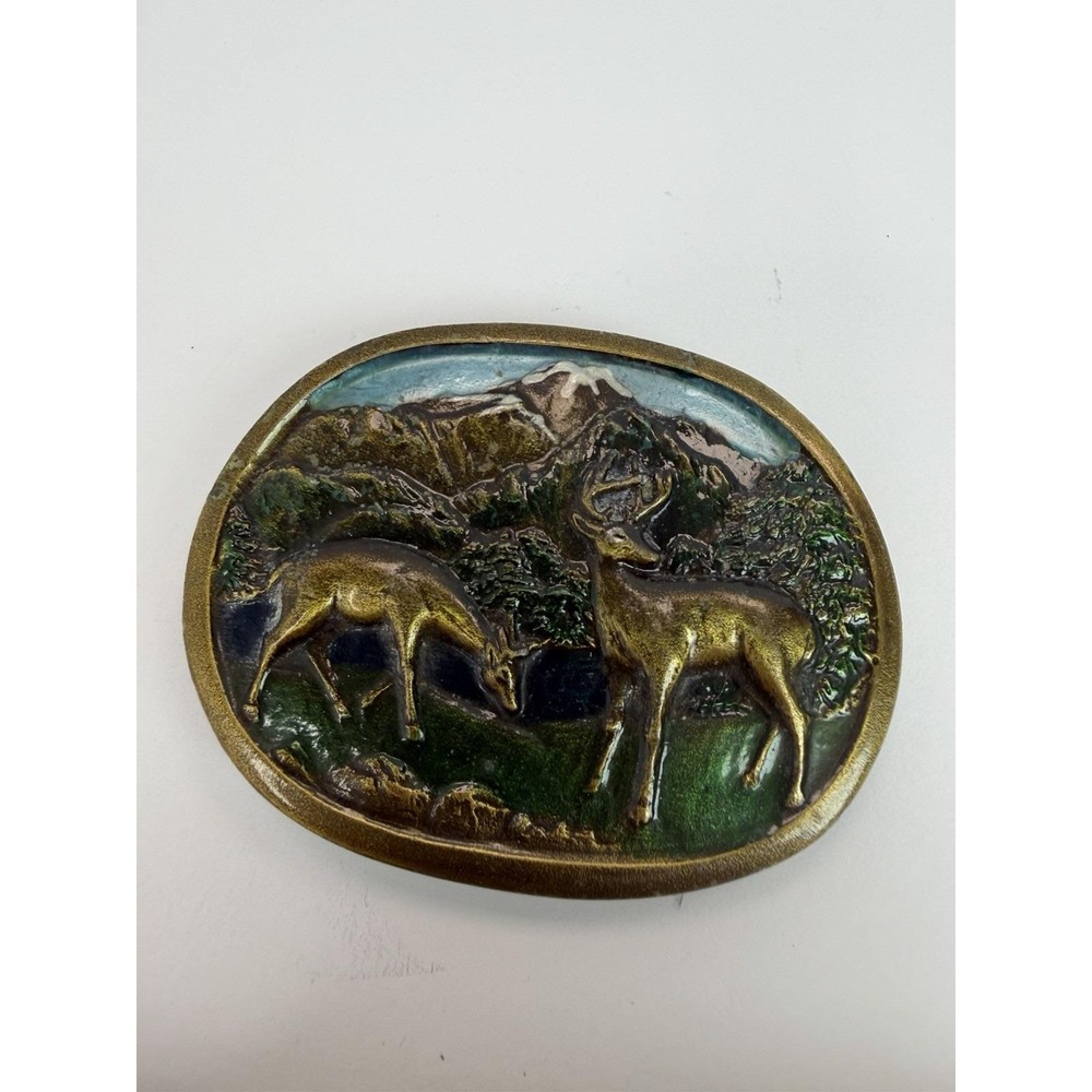 Vintage Indiana Metal Craft Deer Buck Doe Mountains Brass Belt Buckle